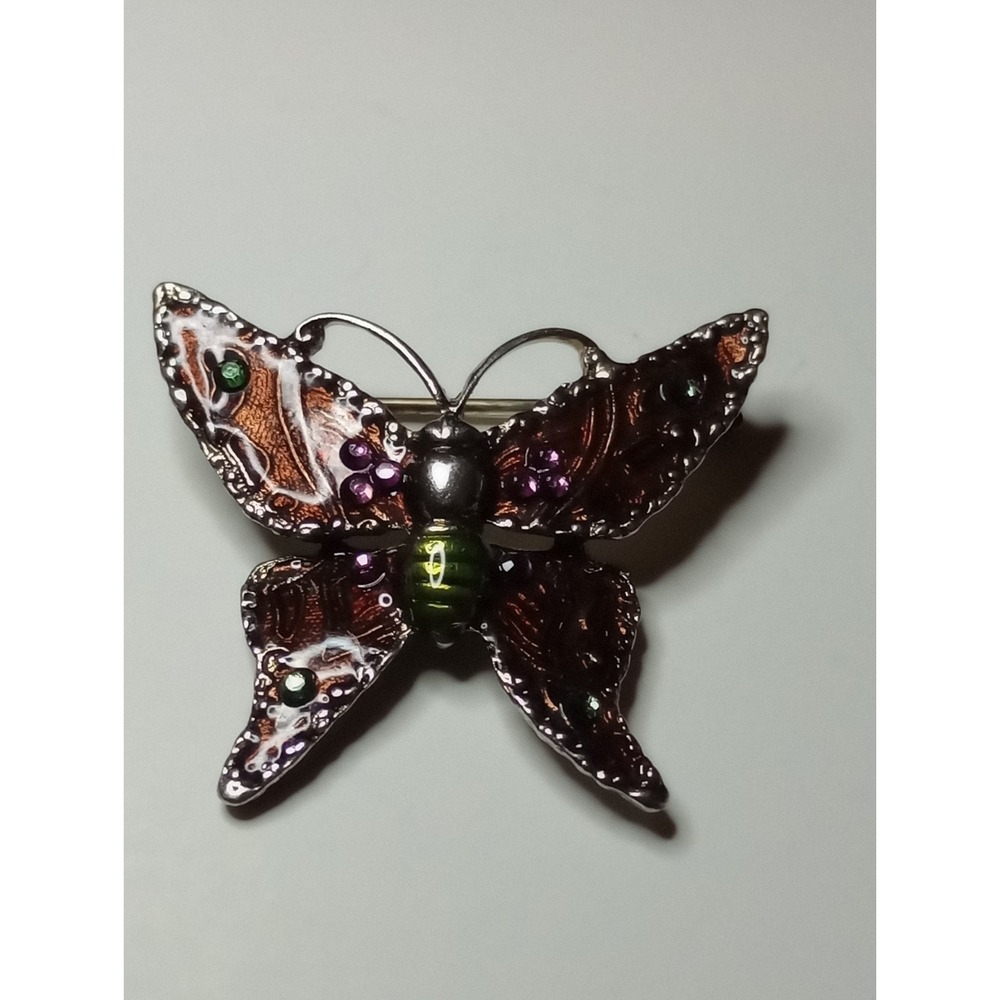 Vintage Weingeroff W Butterfly Brooch Enamel Rhinestone Silver Tone Figural Pin